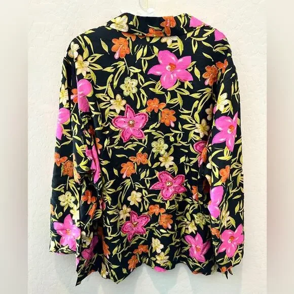 LAURA ASHLEY | Woman Silk Floral Embroidered Blouse Black Pink Boho | Size 2X - Picture 5 of 8